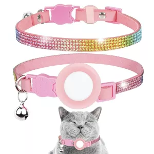Swarovski obojek pro domácí mazlíčky s rolničkou pro AirTag 2nd Gen / AirTag 1st Gen (Růžové diamanty)