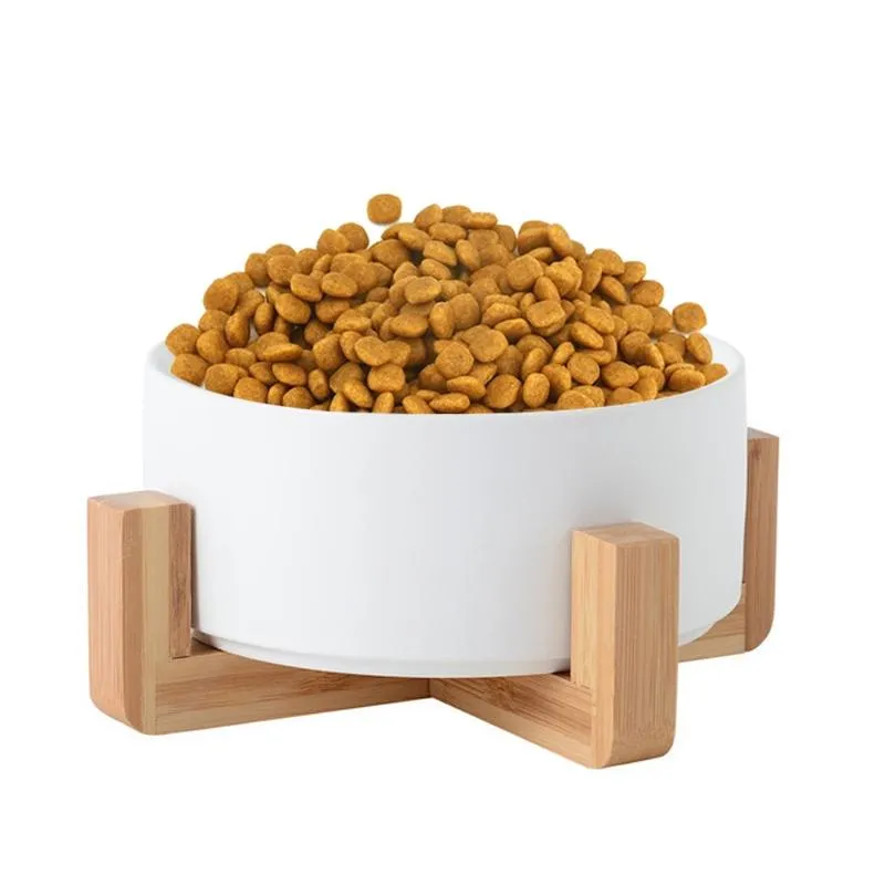 Miska pro kočky a psy 13 cm/400 ml s dřevěným stojanem (bílo-černá) TopTechnology