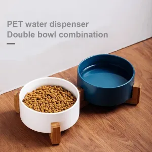 Miska pro kočky a psy 13cm/400ml s dřevěným stojanem - žlutá TopTechnology