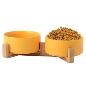 Miska pro kočky a psy 13cm/400ml s dřevěným stojanem - žlutá TopTechnology