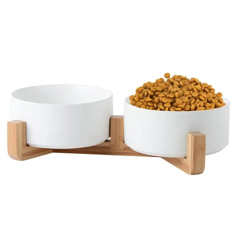 Miska pro kočky a psy 13cm/400ml s dřevěným stojanem - dvojitá (bílá) TopTechnology