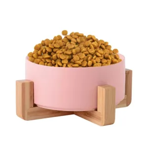 Miska pro kočky a psy 13cm/400ml keramická s dřevěným stojanem (růžová) TopTechnology